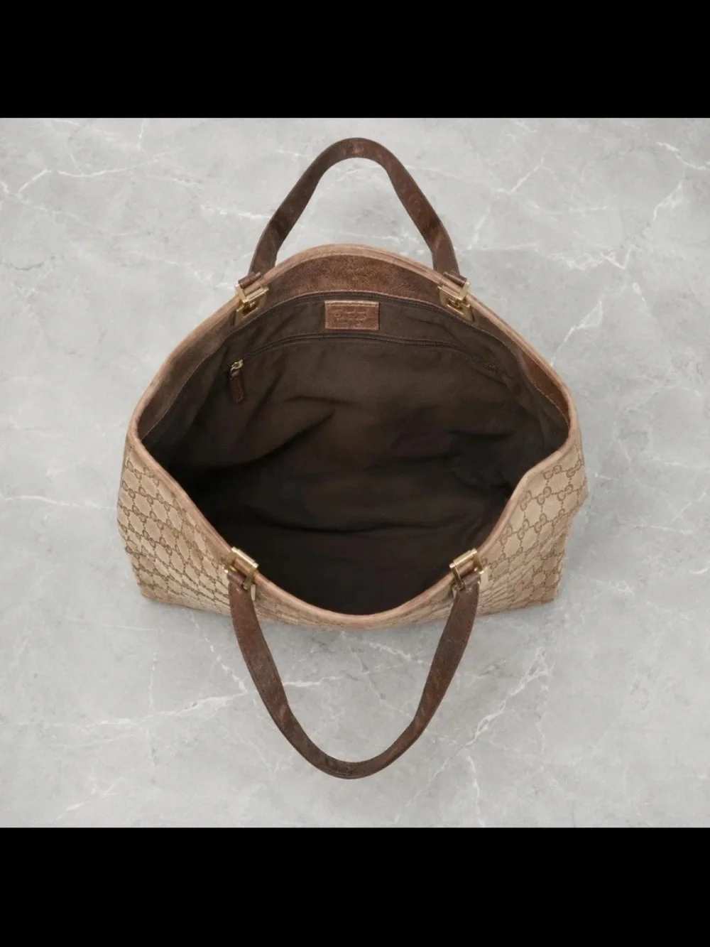 Gucci Beige GG Canvas Tote with Brown Trim